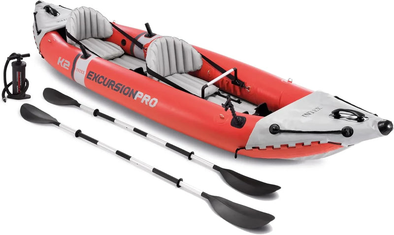 68309EP Excursion Pro K2 Inflatable Kayak Set: Includes Deluxe 86in Kayak Paddles and High-Output Pump – SuperTough PVC – Adjustable Bucket Seat – 2-Person – 400lb Weight Capacity D0659