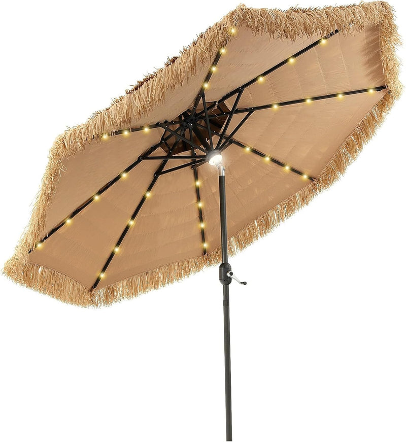 Mud-cloth style ti-ki courtyard shade umbrella - Two-layer Hawaiian lei-style inclined beach shade umbrella, equipped with 33 LED lights, 8 umbrella ribs and a rotatable lifting device, solar-powered lawn-type courtyard shade umbrella, tropical palm C0836