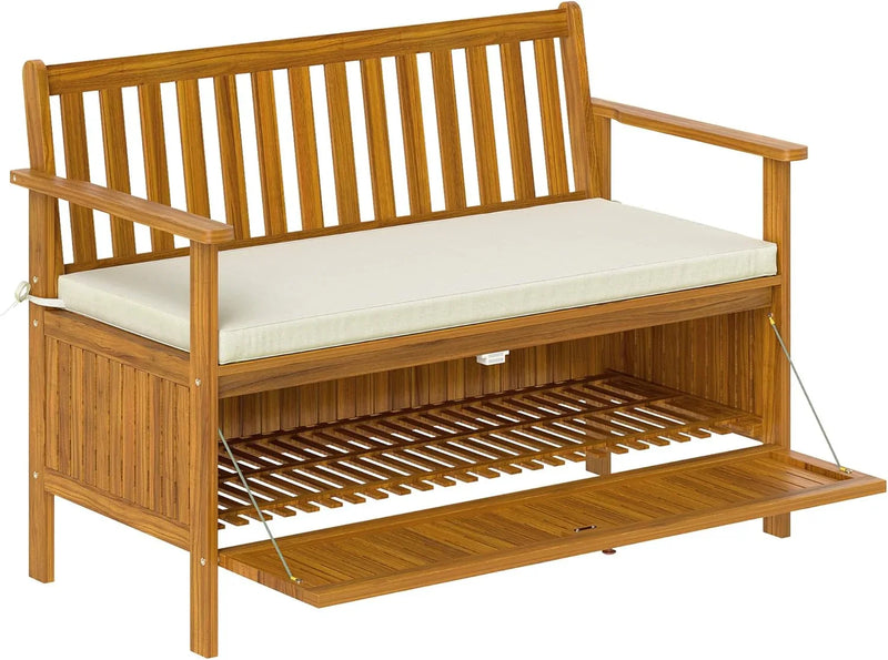 Outdoor bench with storage box, 28-gallon outdoor storage bench, garden seat made of rosewood with cushion, suitable for parks, balconies, and terraces, double-person outdoor furniture, made of teak material D5931