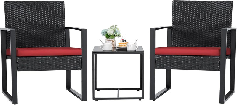 3 Pieces Patio Set Outdoor Wicker Furniture Sets Modern Rattan Chair Conversation Sets with Coffee Table for Yard and Bistro (Black) U1249