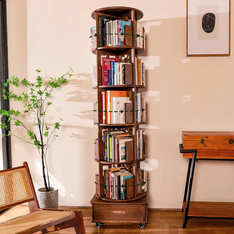 Solid wood rotating bookshelf, 360° display cabinet, with 1 drawer, rotating bookshelf tower with wheels, 72-inch high bookcase suitable for small spaces, rotating bookshelf for home office, walnut finish W5524
