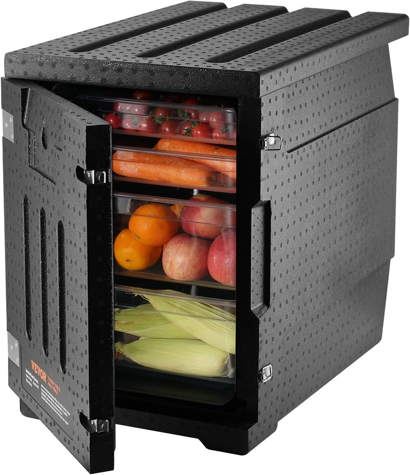 Food tray transportation box, 95-gallon insulated box for the catering industry, LLDPE food tray box with double clasps, front-mounted food heater with handle, suitable for stacking end loaders in restaurants, canteens, etc. black B460
