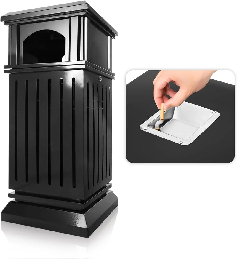 Outdoor trash bin top tray matte black stainless steel commercial waste storage box with lock cover. Heavy-duty industrial garden garage garbage container, dimensions: 35.5 * 15.8 * 15.8 inches. U9068