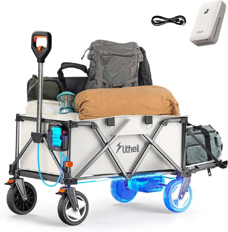 Utility truck, with a capacity of 200 liters and a load capacity of 300 pounds, featuring a foldable heavy-duty design, equipped with all-terrain wheels, featuring variable speed drive and battery power functions, suitable for camping F3639