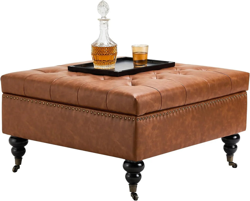 Square leather footstool with storage function, coffee table-style footstool with soft padded raised buttons, equipped with wheels, polyurethane leather high-density sponge, suitable room, dormitory, bedroom, in brown color scheme. Q4585
