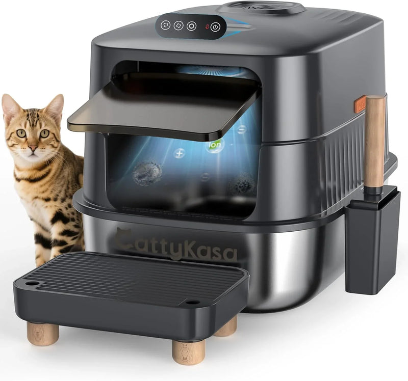 Stainless steel litter box, three-in-one enclosed high-sided litter box, equipped with a high lid, suitable for cats, anti-stick, anti-leak, easy to clean, with a scoop and filter step. P4015