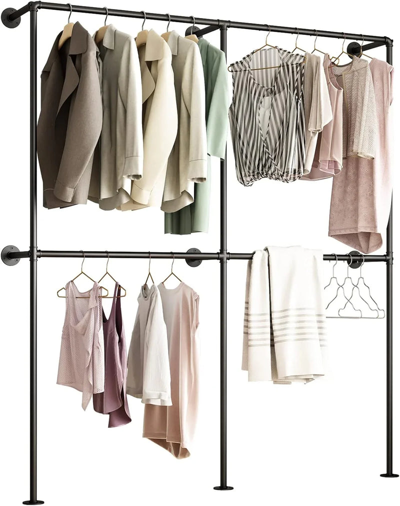 Industrial-style wall-mounted pipe clothes hanger, wall-mounted clothes hanger with double hanging rods, for closet storage (gold) M7929