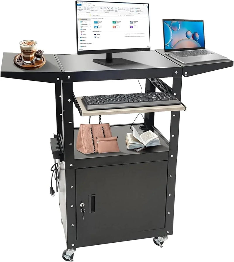 Upgraded AV Cart, Adjustable-Height Steel AV Cart with Locking Cabinet and Pullout Keyboard Tray, Rolling Media Cart with Wheels & Power for Computer Laptop Projector Printer (Black/43"x18"x43") V8356