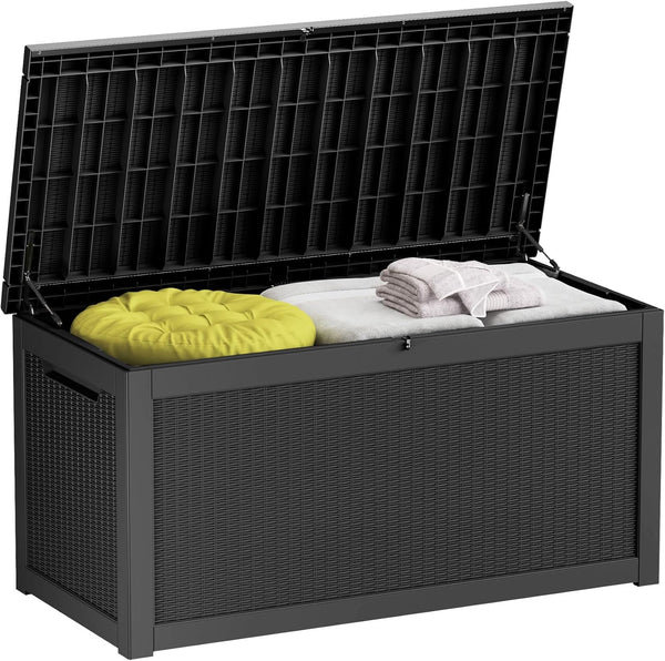 260-gallon large outdoor storage XL outdoor box, suitable for garden furniture, outdoor cushions, garden tools, sports equipment and pool supplies. Made of waterproof resin material, lockable, in gray color scheme. D9361