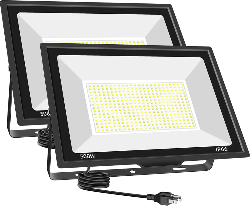 500W LED Flood Light Outdoor 2 Pack, 2000W Equivalent FloodLight with Plug, Super Bright 55000LM 5000K Daylight White IP66 Waterproof Commercial Lighting for Sports Fields,Courts,Arena,Stadium W1814