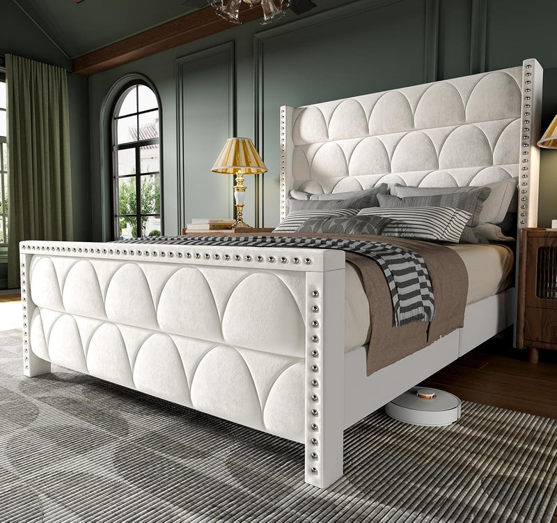 King Size Bed Frame with 56" Headboard - 1000LBS Capacity Support, Velvet Upholstered Wingback Platform Bed Frame, Noise Free, Sturdy Wooden Slat Support Q3925