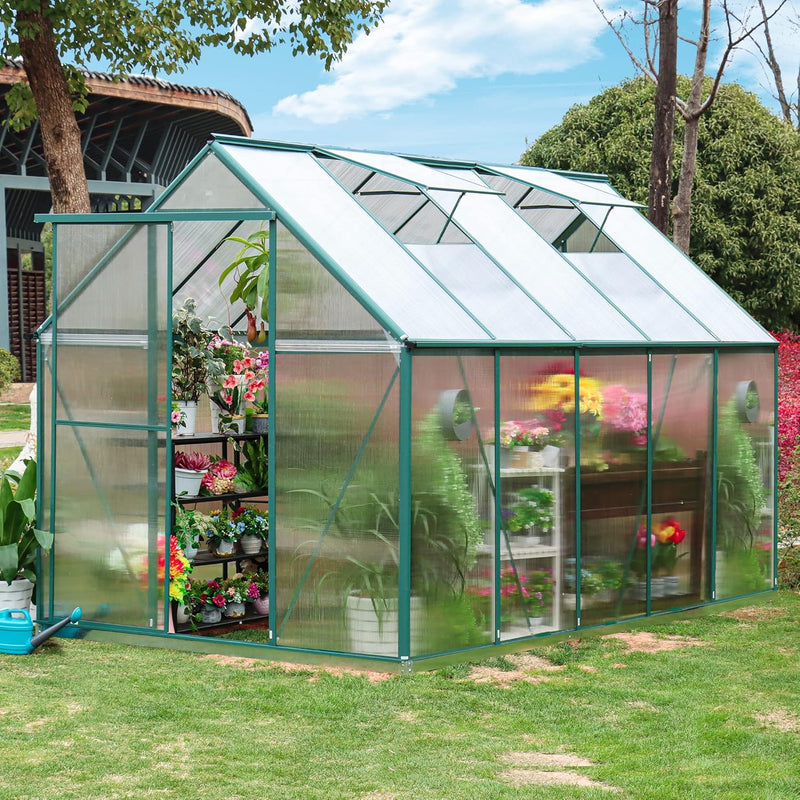 6'x10' Walk-in Greenhouse with 4mm 800G Polycarbonate Panels - Heavy-Duty Aluminum Frame, Wind/Snow Resistant for Gardening, Includes Sliding Door & Ventilation Windows (Green) N3649