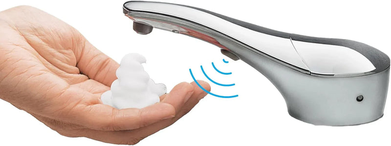 Automatic liquid soap dispenser, with a top-mounted contactless soap nozzle, capacity 34 ounces (1.0 liters), can be placed on the countertop of a public restroom, installation diameter 1-3/8 inches, chrome surface treatment. S8797