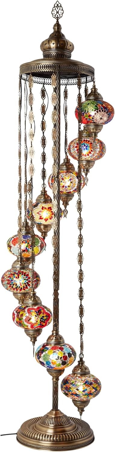 Turkish Moroccan mosaic floor lamp, with 9 lampshades and 6 feet in height - a Tafini-style standing decorative Bohemian-style lamp, equipped with colored lampshades, suitable for bedrooms, living rooms, and entrances - handmade in Turkey, available X8595
