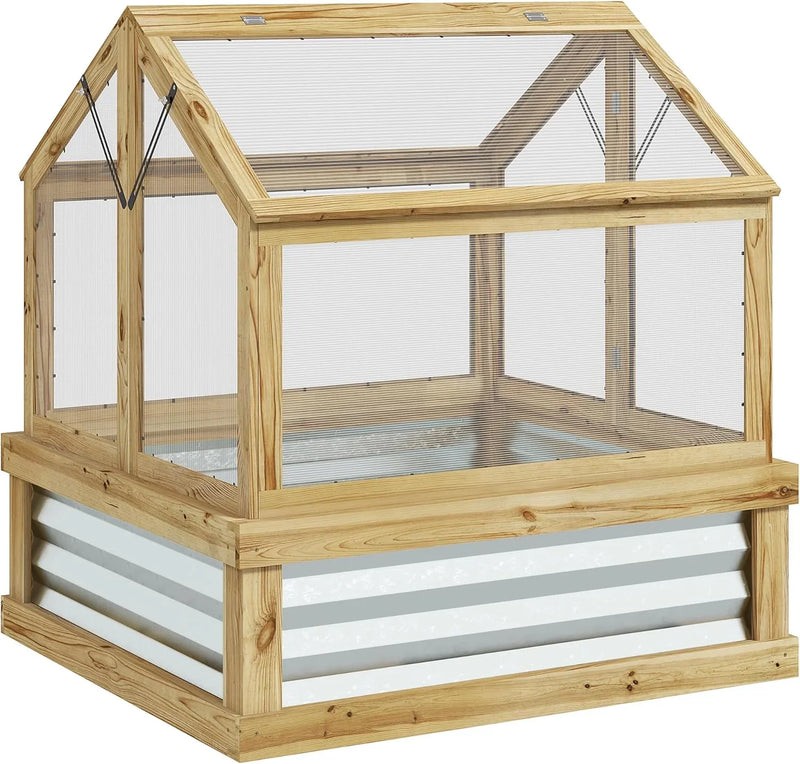 Raised Garden Bed with Polycarbonate Greenhouse, Wooden Cold Frame Greenhouse, Garden Flower Planter Protection, Peak Roof, 35.5" x 31.5" x 36", Natural V2476