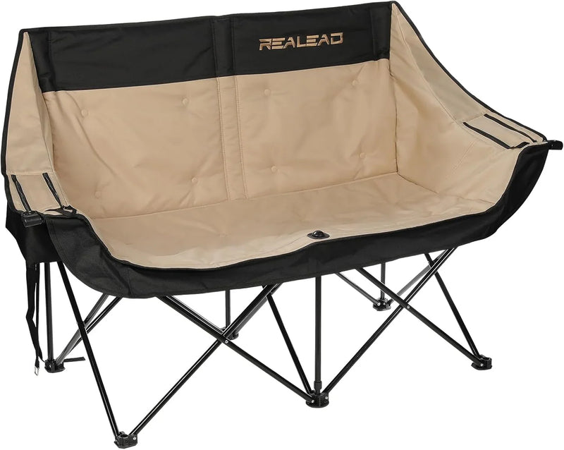 Double camping chair - Large-sized adult camping couple seat cushion suitable for two people. 650 pounds load-bearing capacity - Heavy-duty foldable camping chair, equipped with a cooling bag, suitable for outdoor activities and beach use. A8358