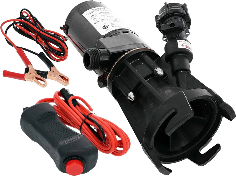18555-000A - 12V DC waste pump, suitable for camper vans / motorhomes - Can empty a 40-gallon water tank in 5 minutes - Output flow rate 9 gallons per minute - 3/4 inch garden hose interface - Stainless steel grinder, self-priming, remote switch P7861