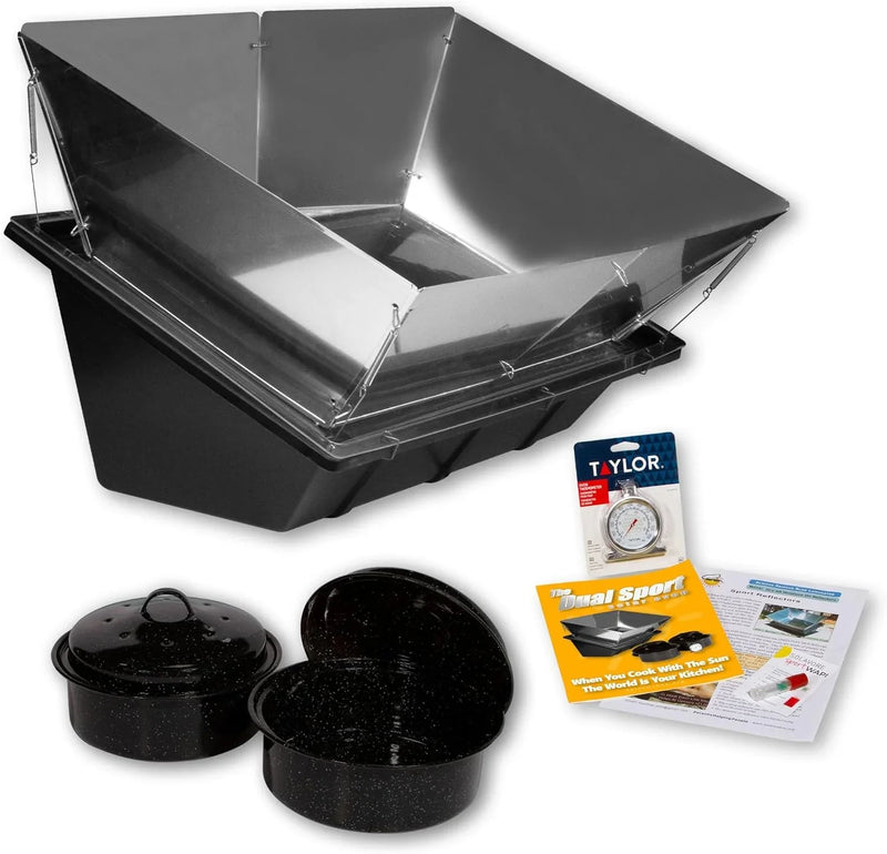 Dual Sport Solar Oven, Black, Portable Outdoor Cooking System with Reflectors, 27x17x12 Inch, 6.8 Qt Capacity, Includes 2 Pots, Thermometer, Wapi, Cookbook, and Instruction Manual N9477