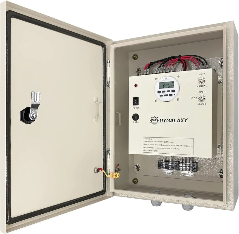 Electrically controlled timer for greenhouse roller shutters (for ventilation) uses an AC 110V to DC 24V transformer for timing control, enabling the opening or closing of the side top curtains of the greenhouse薄膜. P7453