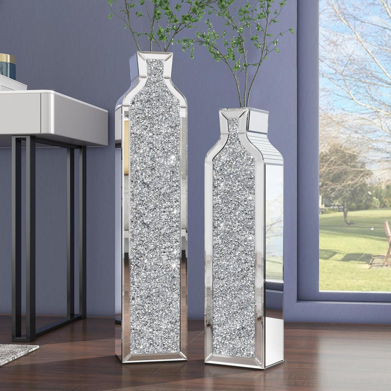 Floor vase crushing diamond reflective vase - Silver floor-style vase set (2-piece) - 24-inch and 30-inch large crystal goblet vases, suitable rooms, dining rooms, bedrooms, home corners, corridors, indoor offices and floors. Q1866