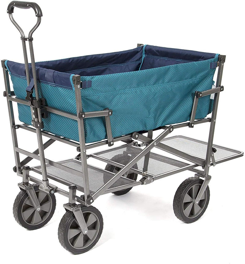 A foldable double-layer outdoor multi-functional truck, equipped with a long lower shelf, in blue-green color. H0493