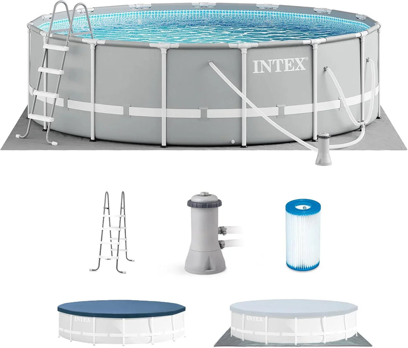 Above Ground Swimming Pool w/ Pump, Cover, & Ladder, 18' x 48", Prism Frame, Gray - Outdoor Round Family Pool w/ Filter, 42-Inch Deep Water L4314