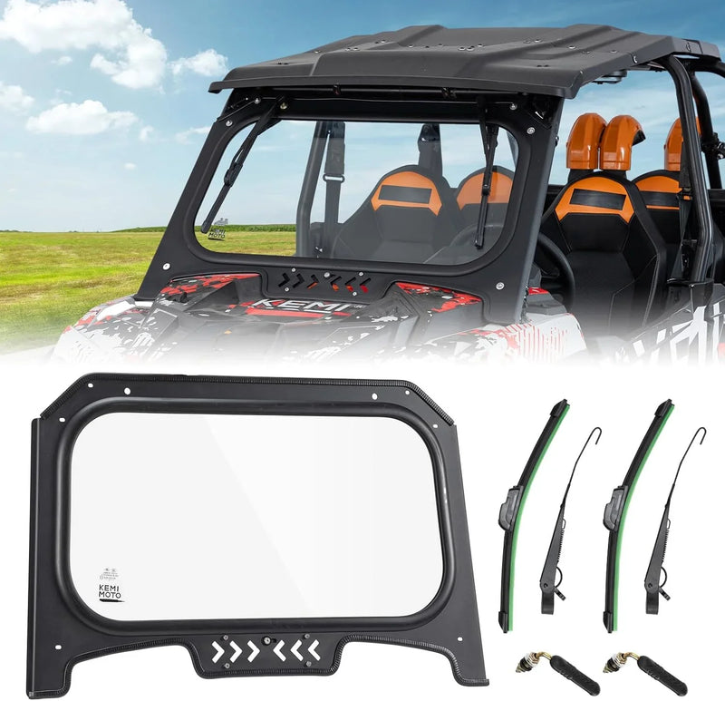 The glass windshield is equipped with 2 manual windshield wipers. It is scratch-resistant and wear-resistant. It is compatible with the 2019 - 2023 models of RZR XP 1000 / RZR XP super sports vehicles. The front windshield has a ventilatio V2705