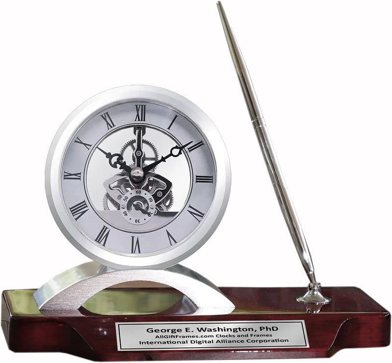 Desk clock, pen set, personalized, unique, silver clock, clear transparent case, gears, da Vinci, timepiece display, metal pen set, wooden desk stand, desk accessories, office, modern home, engraving K1246
