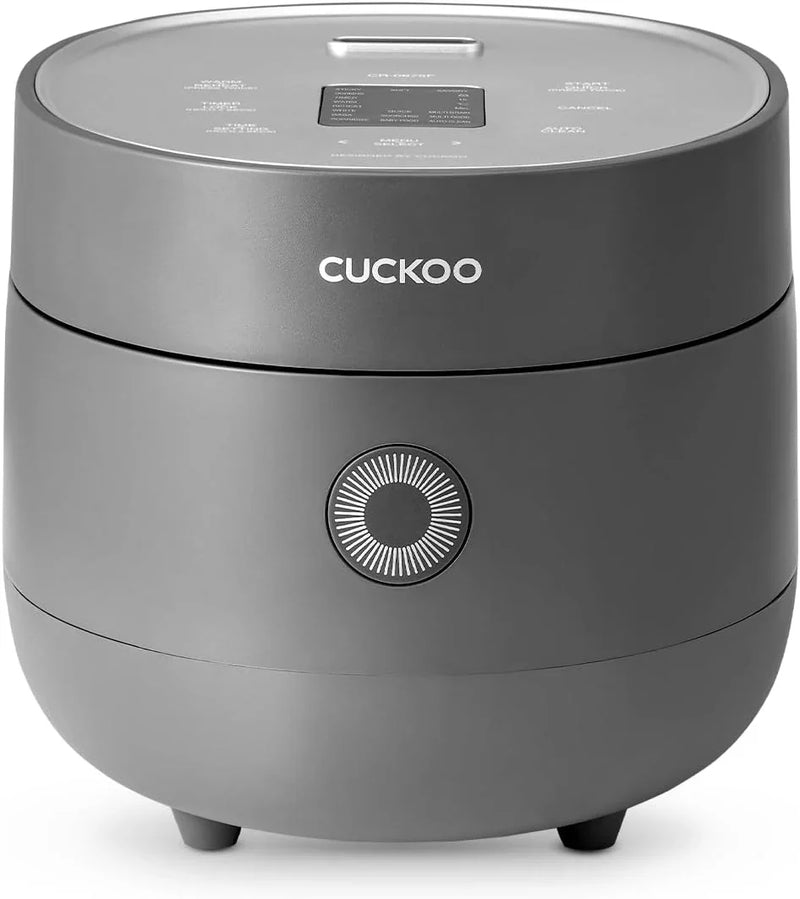Electric rice cooker with 6-cup capacity (uncooked) / 12-cup capacity (cooked), modern fuzzy logic control, featuring timer function and insulation setting, compact model, multi-functional steamer, non-stick inner liner, gray exterior. L5259
