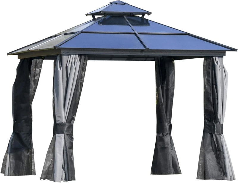 10 feet x 12 feet hard-top awning canopy, polycarbonate roof, aluminum frame, permanent outdoor awning, with net cover, suitable for patios, gardens, backyards, terraces, lawns, grasslands, light gray. N6602