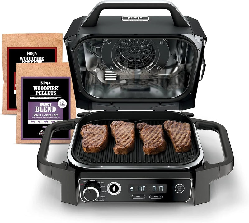7-in-1 Multi-functional (Barbecue, Slow Roast, Bake, Air Fry, Dehydration, Grill, Smoking) | Portable and highly weather-resistant | Capable of cooking up to 6 steaks and 30 hot dogs | Includes wood pellet fuel F7976