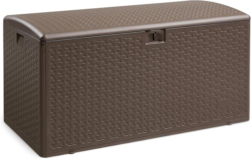 Outdoor patio storage box - 150 gallons. Loft box, waterproof and highly resistant to weather, suitable for furniture cushions and gardening tools, brown color scheme. R2383