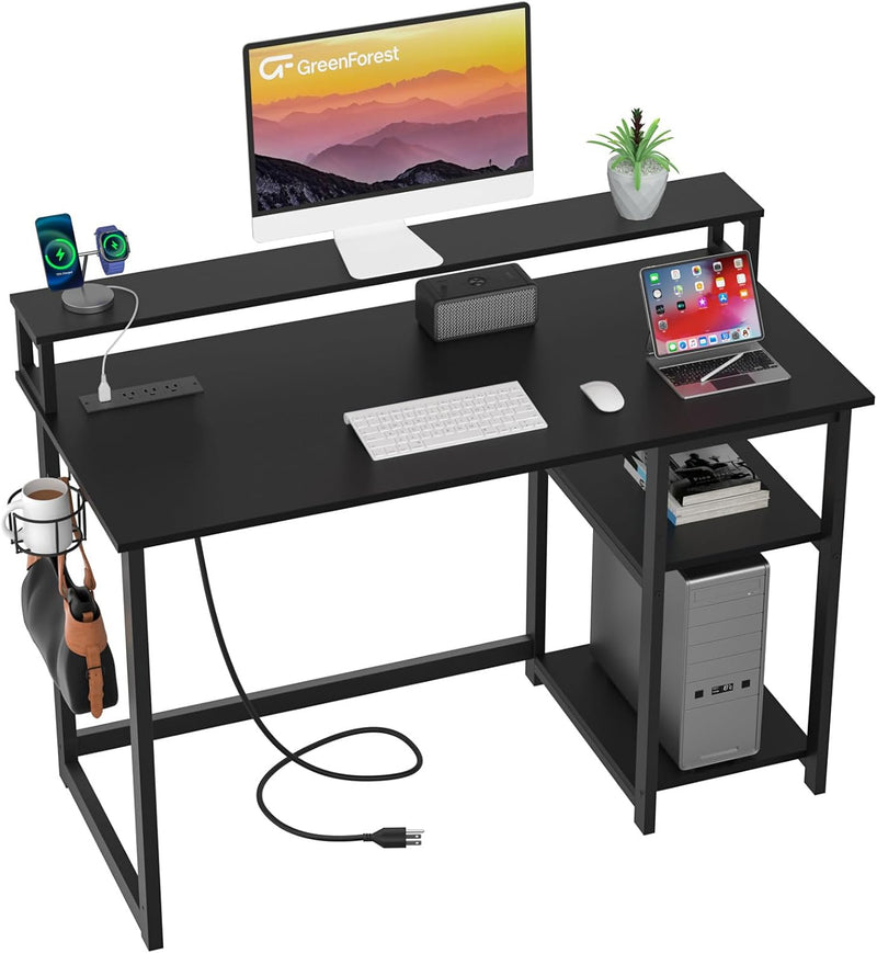 47 inch Computer Desk with Power Outlets, Small Home Office Desk with Ergonomic Monitor Stand, Reversible Gaming Desk, Modern Study Desk, Laptop Desk, White Z8984
