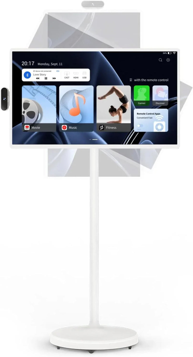 32-Inch Portable TV, 1080P FHD Rolling TV on Wheels with Rotatable Touch Screen, Android 13 OS, 8G RAM 128G Storage, Built-in Battery, Full Swivel Rotation, Voice Remote M2019