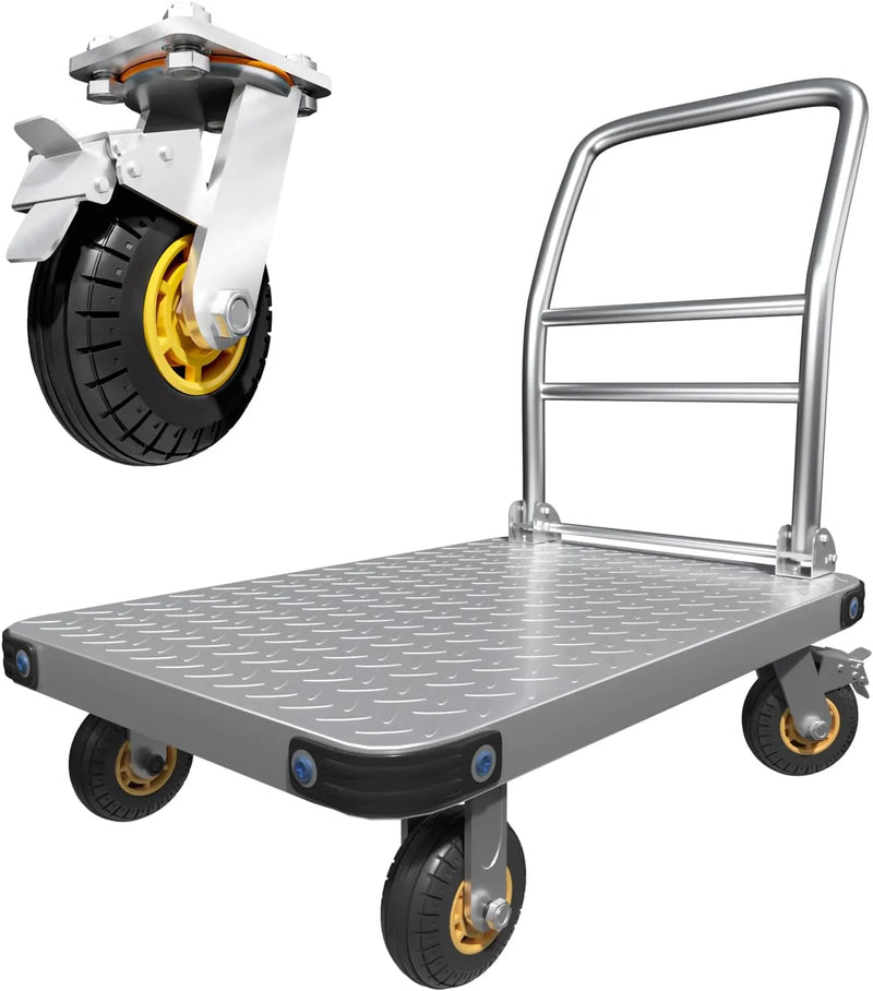Heavy Duty Platform Truck Flat Moving Cart Hand Trucks,2000Lbs Steel Push Cart Dolly with Brake Design, 36 x 24in Large Flatbed with 5'' 360 Degree Swivel Wheels for Easy Storage T7842