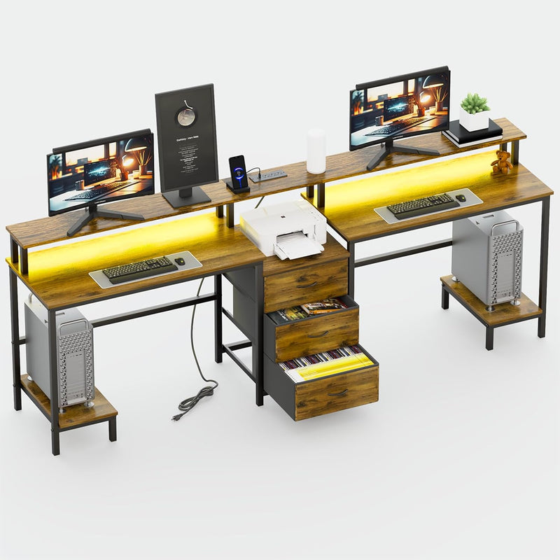 2 Person Desk with LED Lights & Charging Station – Long Desk for 2 with Storage Drawers, Monitor Riser, USB Ports & Outlets – Modern Study Table or Workstation for Home Office T3582