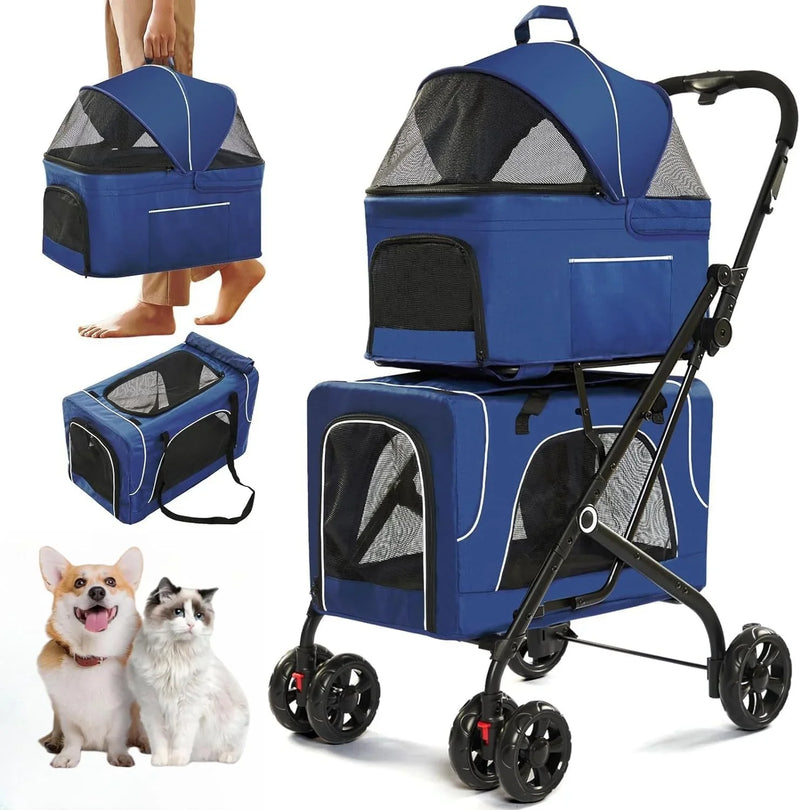 Double Dog Stroller for 2 Dogs, Detachable Carriers, Safety Belt, Lockable Wheels, Pet Travel Carrier Strolling Cart, Folding Cat Stroller for Small Medium Pets Dogs (Blue) G2053