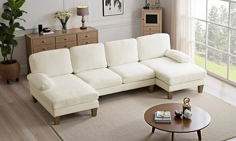 110" Sectional Couches Room,U Shaped Couch with Double Chaise, 4-Seat Sofa Set with Chenille Fabric for Home Furniture,Beige W3128