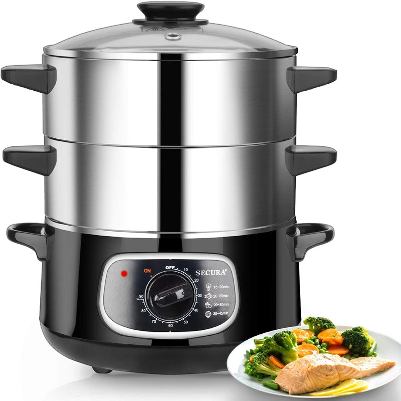 2 stainless steel food steamers, 8.5 liters capacity, electric glass-covered vegetable steamer, double-layer stackable steaming basket, with timer included S5304