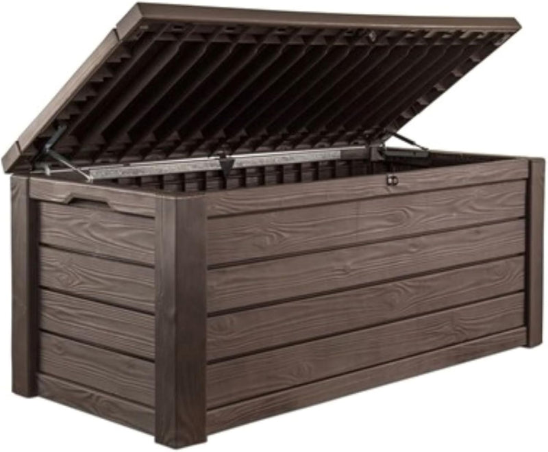 570-liter storage box, all-weather resin boat-shaped storage box, and stylish outdoor bench with piston-assisted lockable lid and side handles, dark coffee color version S8891