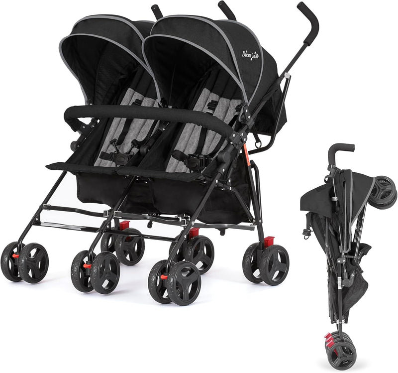 Twin Umbrella Stroller in Black, Lightweight Double Stroller for Infant & Toddler, Compact Easy Fold, Large Storage Basket, Large and Adjustable Canopy O9066