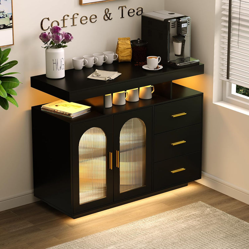Bar Cabinet Kitchen Storage Cabinet with RGB Light, Human Sensor Design Sideboard Buffet Cabinets, Wood Coffee Bar Table with Shelf Capacity (Black) Z1066