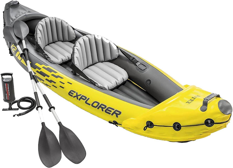 Explorer K2 Inflatable Kayak Set: Includes luxurious 86-inch aluminum paddle and high-output pump - extremely durable PVC material - adjustable seat with backrest - suitable for two people - maximum weight capacity 400 pounds X2802