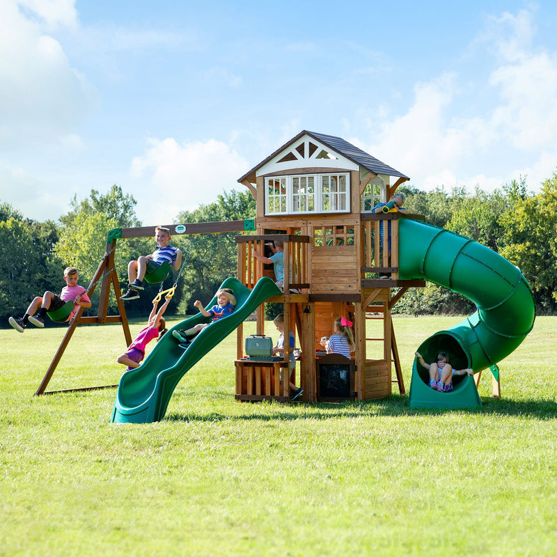 Kids' Bristol Point Cedar Wood Swing Set with Swing Beam, Upper & Lower Fort, Rock Wall & Slide Play for up to 11 Kids K5341