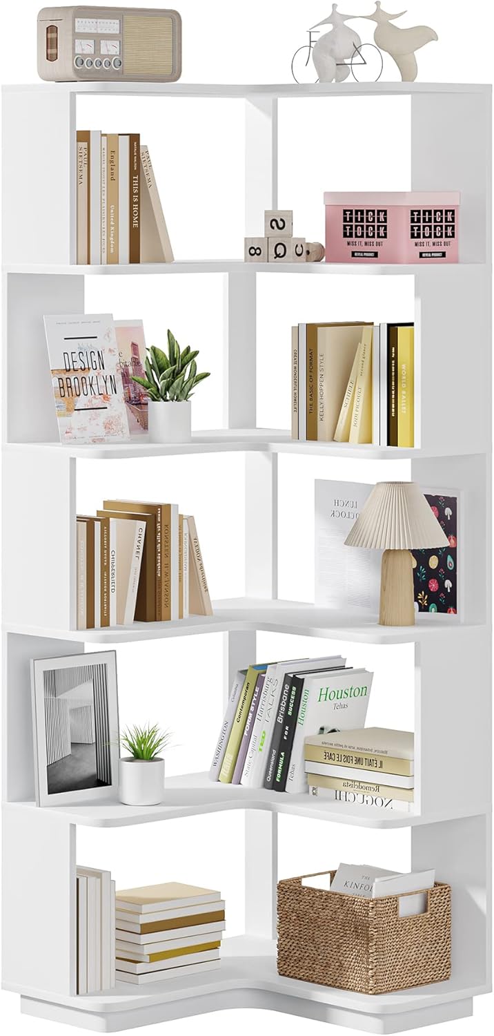 Tribesigns 6-Tier Corner Bookshelf, 64.9 Inch Tall Bookcase with Anti-Drop Panel, Modern Freestanding Corner Shelf Display Rack Storage Organizer for Home Office, Living Room, WhiteTribesigns 6-Tier Corner Bookshelf, 64.9 Inch Tall E1651