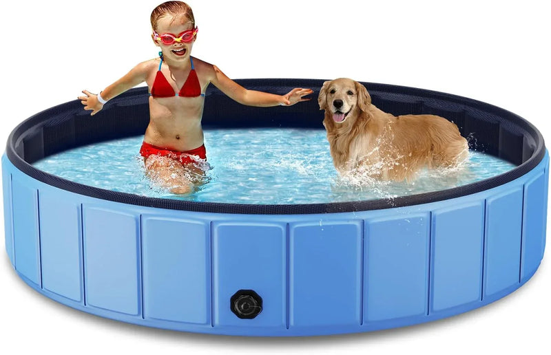 Foldable Dog Swimming Pool, 120"x20" Oversize Collapsable Hard Plastic Potable Bathing Tub for Pet Dog Kiddie Pool Indoor and Outdoor Leakproof PVC Play Pool for Large Dogs Pets Puppy Kids Blue E3071