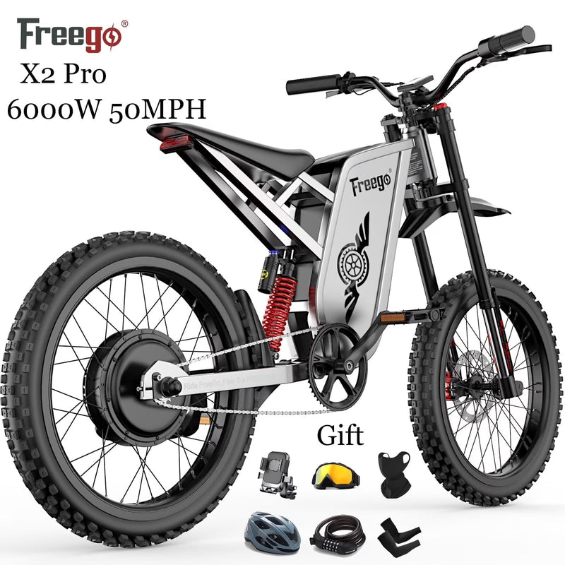 6000W(Peak) Motor 60V/30Ah Battery Freego X2Pro Electric Motorcycle for Adults, Electric Bike,50MPH/7 Speed Off Road Electric Bicycle,19 x 2 Full... Q9794