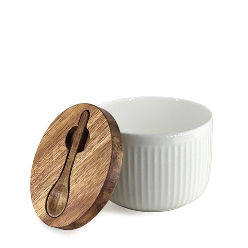 Porcelain Salt/Herb Keeper with Spoon & Acacia Lid, Dishwasher Safe Q1491