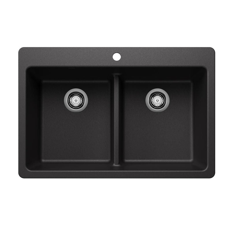 Liven 33-in 50/50 Double Bowl Dual Mount Kitchen Sink with Low Divide, Anthracite G6444