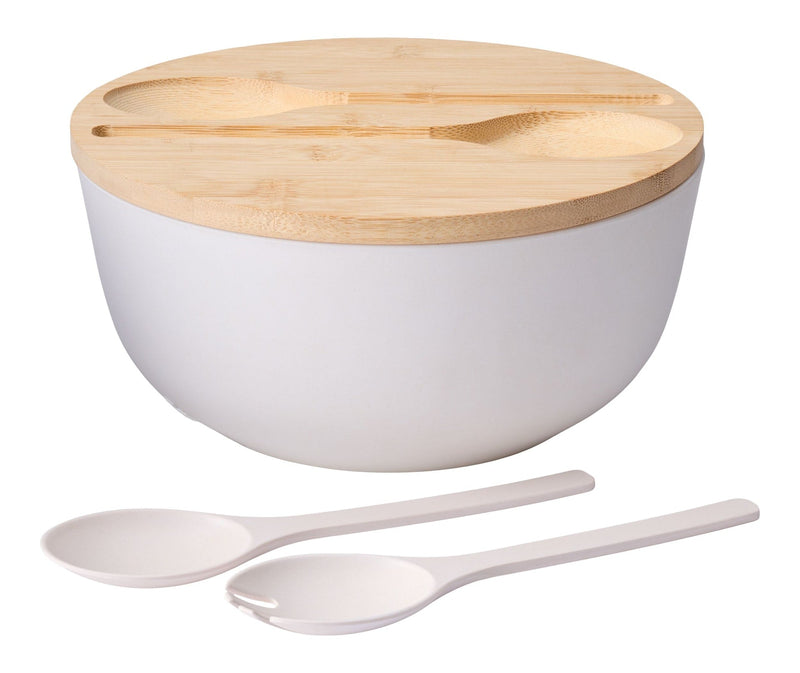 Bamboo Salad Bowl Set with Lid & Servers, White P6652